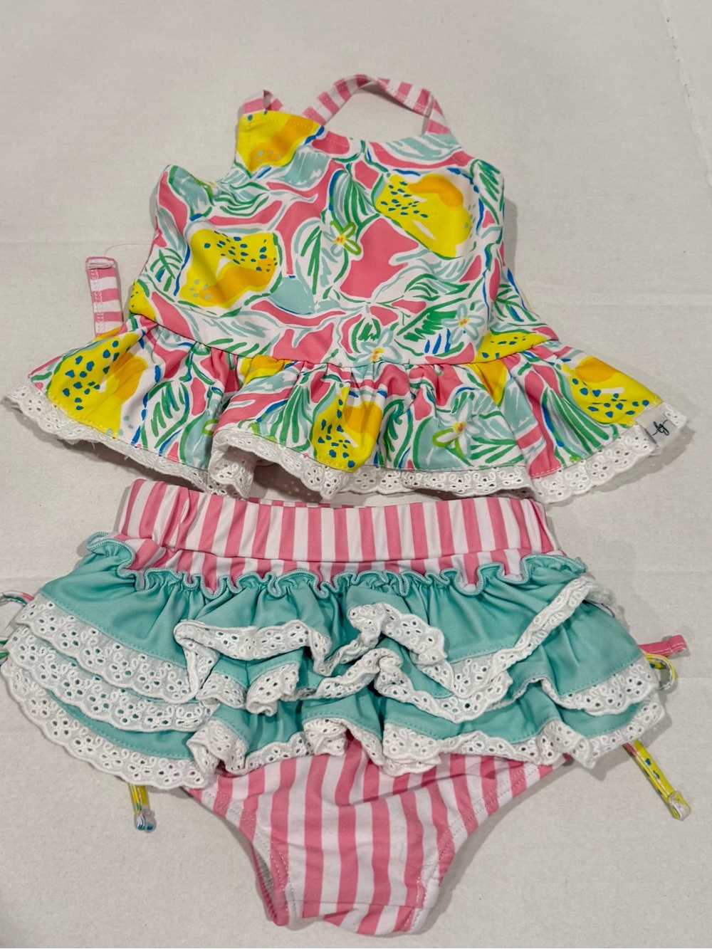 Girls' Pink & Aqua Ruffle Two-Piece Swim Set with Lemon Print